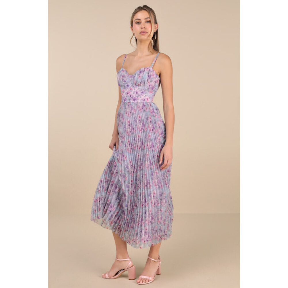 Lulus Alluring Invite Purple Multi Floral Pleated Bustier Midi Dress - Size M